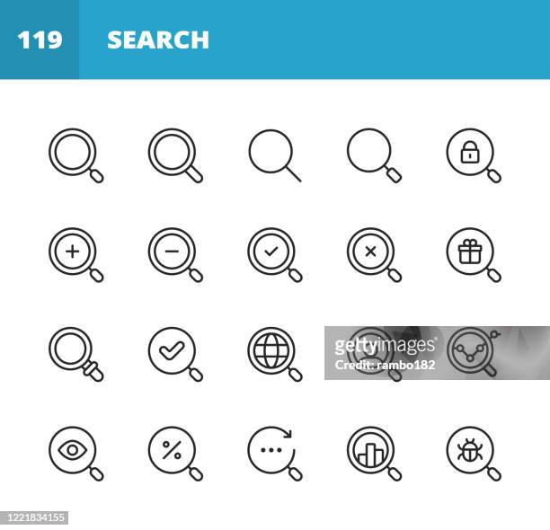 search line icons. editable stroke. pixel perfect. for mobile and web. contains such icons as search, seo, magnifying glass, job hunting, searching, looking, deal hunting, data analytics, virus, big data, gift searching, promotion, security, approve. - magnifying glass stock illustrations