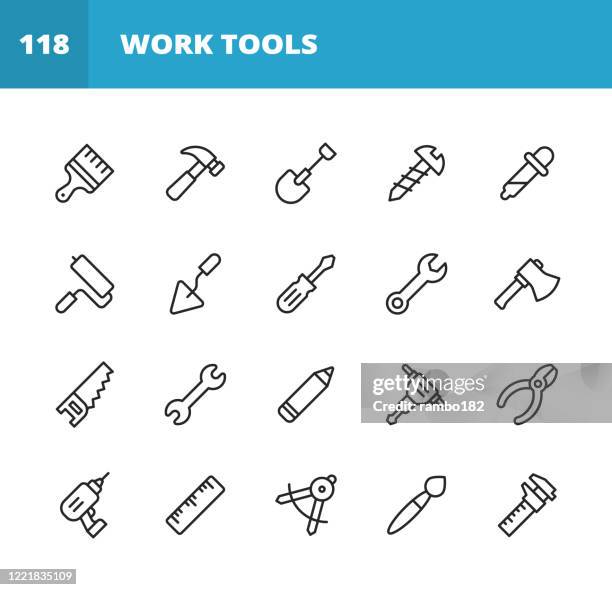 stockillustraties, clipart, cartoons en iconen met lijnpictogrammen voor werkgereedschappen. bewerkbare slag. pixel perfect. voor mobiel en web. bevat pictogrammen zoals moersleutel, zaag, werkhulpmiddelen, schroevendraaier, schroef, penseel, schop, kettingzaag, ruler, bijl, hamer, boor, ruler, materiaal,  - adjustable wrench