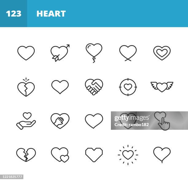 herz und liebe linie icons. bearbeitbarer strich. pixel perfekt. für mobile und web. enthält symboleelemente wie herz, liebe, emotion, beziehung, ehe, hochzeit, elternschaft, familie, gebrochenes herz, dating, glück, pulsspur, valentinstag, romantik. - heart icon stock-grafiken, -clipart, -cartoons und -symbole