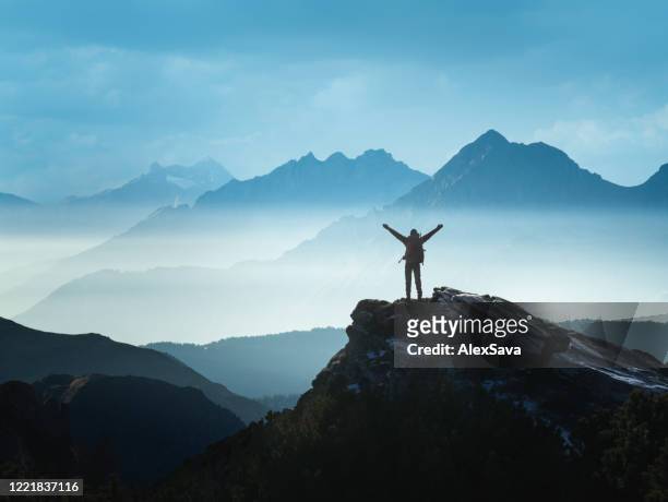 positiver mann feiert erfolg - mountain and summit and one person not snow stock-fotos und bilder