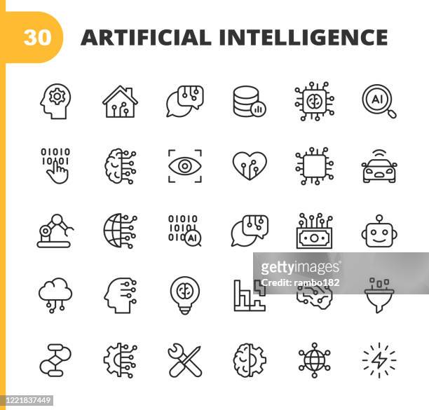artificial intelligence line icons. editable stroke. pixel perfect. for mobile and web. contains such icons as artificial intelligence, machine learning, internet of things, big data, network technology, cloud computing, programming, self driving car. - manufacturing equipment stock illustrations
