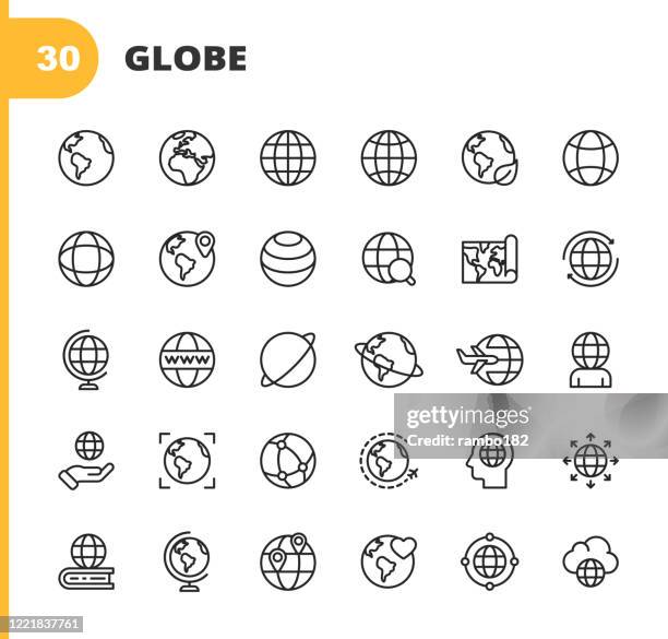 ilustrações de stock, clip art, desenhos animados e ícones de globe and communication line icons. editable stroke. pixel perfect. for mobile and web. contains such icons as globe, map, navigation, global business, global communication, location, online education, travel, entertainment, cloud computing, internet. - in a perfect world