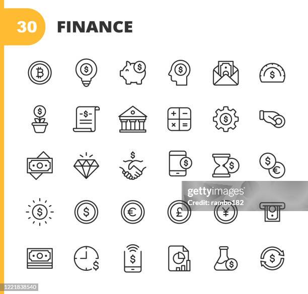 finance and banking line icons. editable stroke. pixel perfect. for mobile and web. contains such icons as money, finance, banking, coin, chart, cryptocurrency, bitcoin, piggy bank, bank, diamond, atm, dollar, stock market, investment, bank, handshake. - financial report stock illustrations