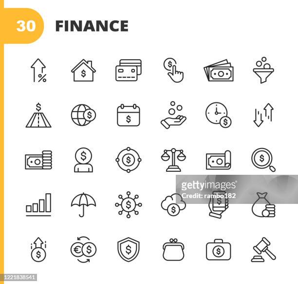 finance and banking line icons. editable stroke. pixel perfect. for mobile and web. contains such icons as money, finance, banking, coin, chart, real estate, personal finance, insurance, auction, currency exchange, stock market, cryptocurrency, dollar. - instrument of time stock illustrations