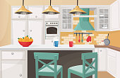 Kitchen interior in traditional design flat cartoon vector illustration. Cozy atmosphere, brick decorated wall, cute form cabinet doors, rough wooden chairs, furniture, kitchenware.