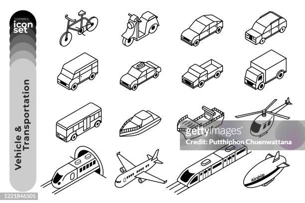 fahrzeug und transport umriss icon set auf weißem hintergrund. vektor-stock-illustration. - hochgeschwindigkeitszug stock-grafiken, -clipart, -cartoons und -symbole