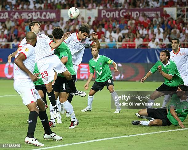Coke from FC Sevilla Team trying to hit the ball into the goal during the UEFA Europa League Play-Off second leg match between FC Sevilla and...