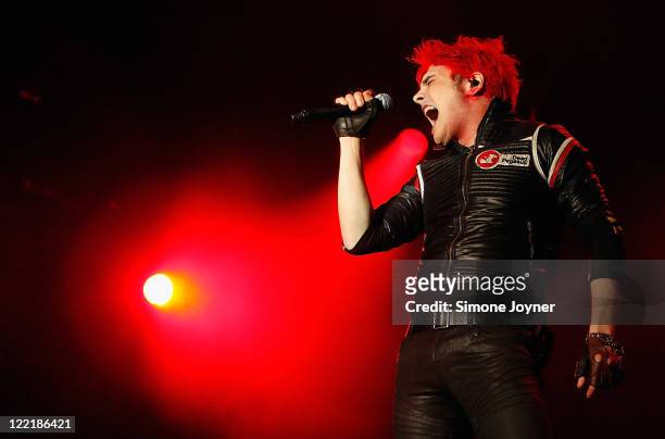 Gerard Way of My Chemical Romance performs live on the Main Stage during day one of Reading Festival 2011 on August 26, 2011 in Reading, England.