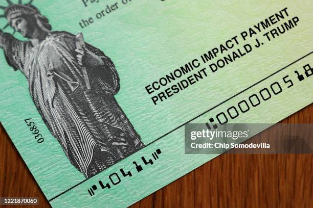 President Donald Trump's name appears on the coronavirus economic assistance checks that were sent to citizens across the country April 29, 2020 in...