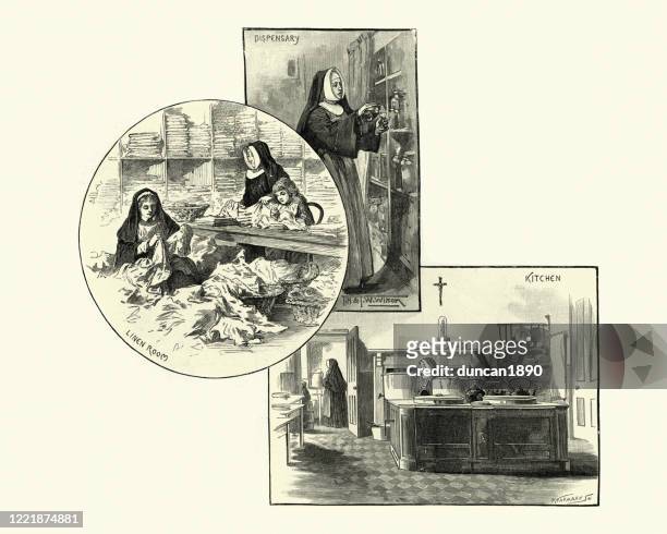 stockillustraties, clipart, cartoons en iconen met apotheek, keuken, linnen kamer, nazareth house, hammersmith, 19e eeuw - zuster
