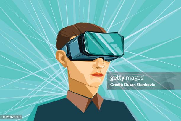 man wearing virtual reality vr headset - eye glasses reflection stock illustrations