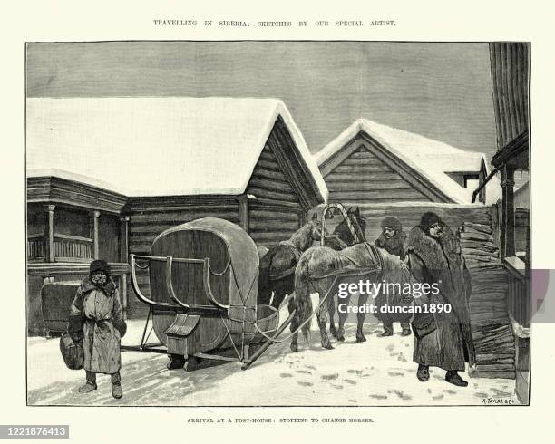 traveler's in siberia changing horses at a post-house, 19th century - post horse stock illustrations