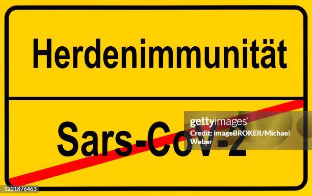 photomontage, symbol image, place-name sign, immunity, herd immunity, corona, coronavirus, sars-cov-2, covid-19, germany - herd immunity stock illustrations