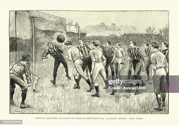 ilustrações de stock, clip art, desenhos animados e ícones de victorian football match between blackburn rovers and notts county, 1891 - 1891 stock illustrations