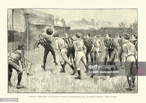 布萊克本流浪者和諾茨郡之間的維多利亞足球賽,1891年 - heading the ball 幅插畫檔、美工圖案、卡通及圖標