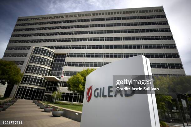Sign is posted in front of the Gilead Sciences headquarters on April 29, 2020 in Foster City, California. Gilead Sciences announced preliminary...