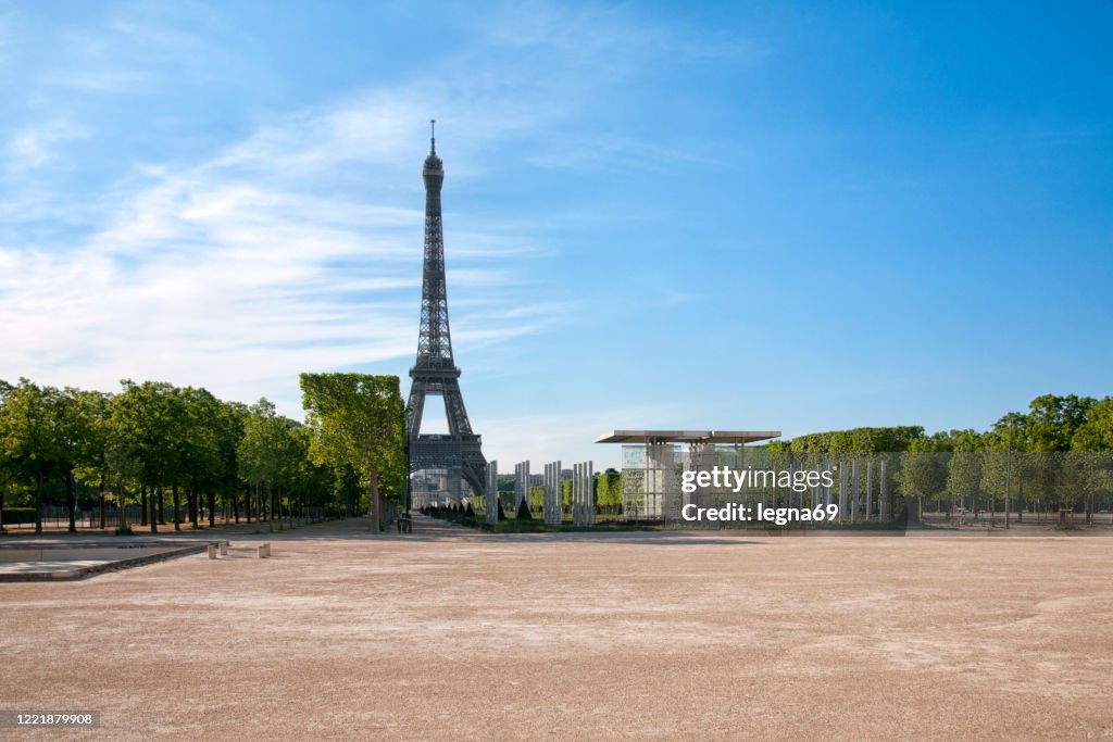 Eiffel Tower and Champ de Mars are empty during pandemic Covid 19 in Europe.