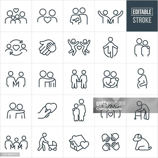 couples and family relations thin line icons - editable stroke - black and white holding hands stock illustrations