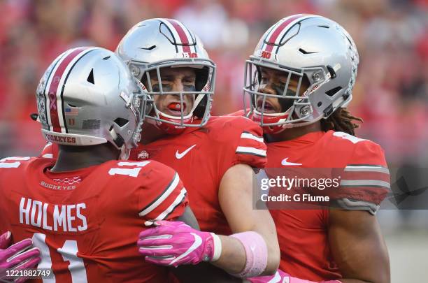 Sam Hubbard of the Ohio State Buckeyes celebrates during the game against the Maryland Terrapins at Ohio Stadium on October 7, 2017 in Columbus, Ohio.
