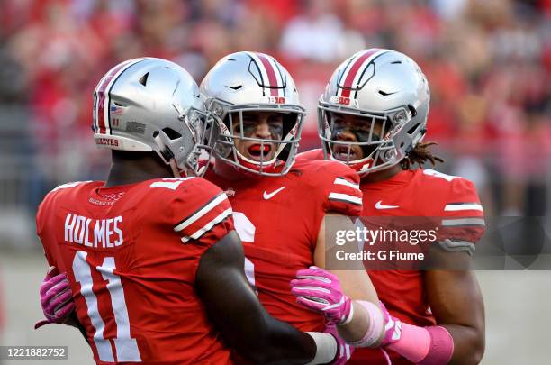 Sam Hubbard of the Ohio State Buckeyes celebrates during the game against the Maryland Terrapins at Ohio Stadium on October 7, 2017 in Columbus, Ohio.