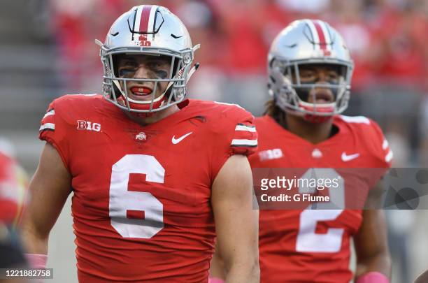Sam Hubbard of the Ohio State Buckeyes celebrates during the game against the Maryland Terrapins at Ohio Stadium on October 7, 2017 in Columbus, Ohio.