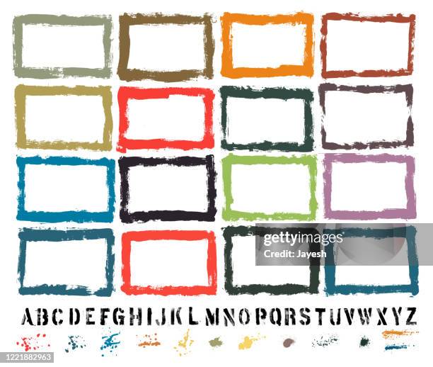 vector hand-painted texture border & paint splash set : artist’s own collection - stencil font stock illustrations
