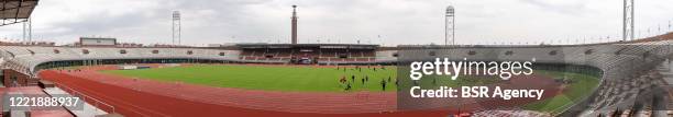 Young athletes from Phanos athletics club are training at the Olympic Stadium which has reopened on April 29, 2020 in Amsterdam, Netherlands, after...