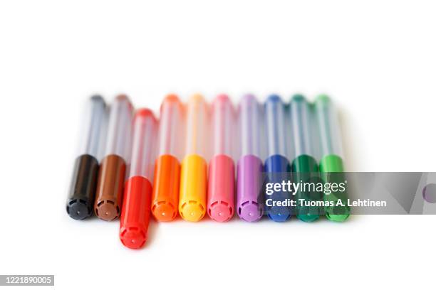 Closeup Of Set Of Colorful Rainbow Colored Marker Pens In A Row