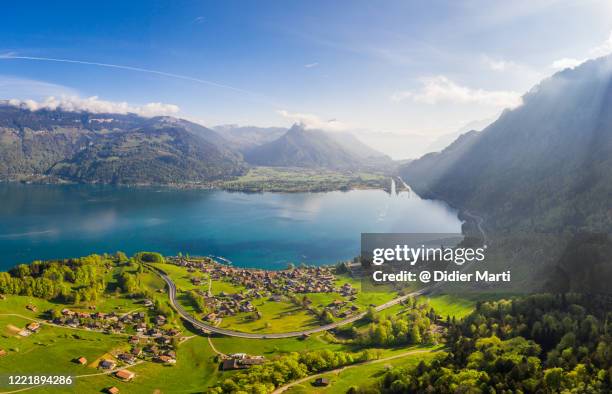 stunning view of the lake thun in the berner oberland on a early morning in switzerland - lago thun fotografías e imágenes de stock