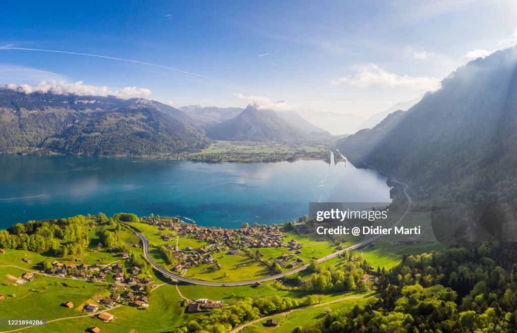 Stunning view of the Lake Thun in the Berner Oberland on a early morning in Switzerland