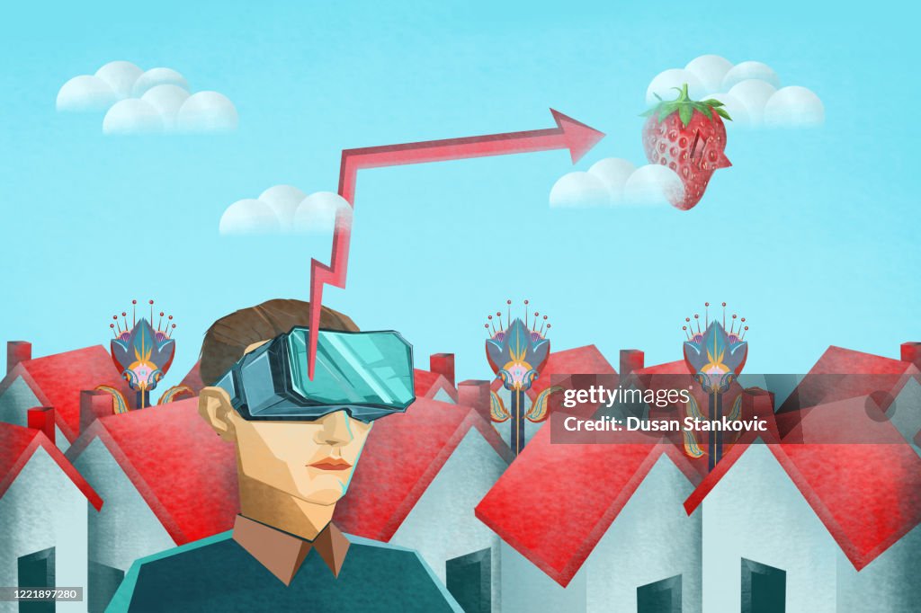 Man looking through virtual reality glasses