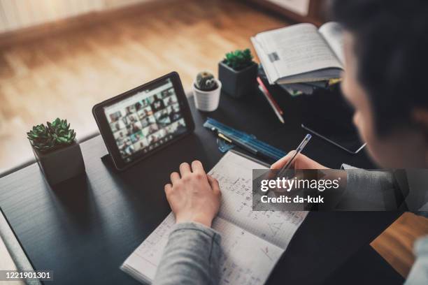 teenage boy attending to online school class - algebra stock pictures, royalty-free photos & images