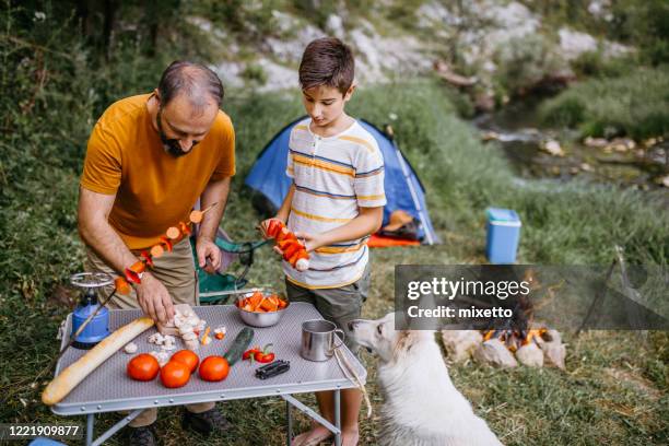 fils et papa faisant le déjeuner dans la nature - swiss culture photos et images de collection