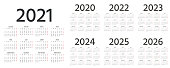 French Calendar 2021, 2022, 2023, 2024, 2025, 2026, 2020 years. Vector illustration. Template planner.