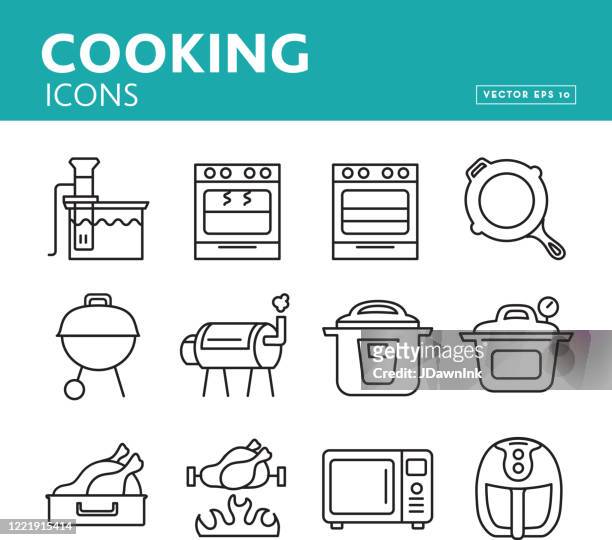 set of cooking methods and appliances in thin line style - rotisserie stock illustrations
