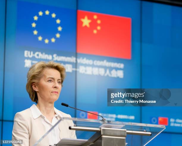President of the European Commission Ursula von der Leyen is talking to media briefing after an EU-China Summit on June 22, 2020 in Brussels,...