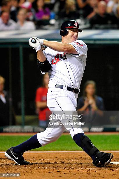 Designated hitter Jim Thome of the Cleveland Indians strikes out during the seventh inning against the Kansas City Royals at Progressive Field on...