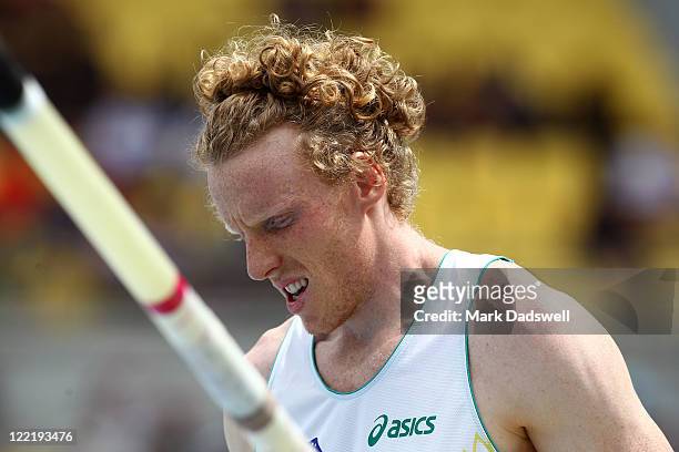 Steven Hooker of Australia looks on during the men's pole vault qualification round during day one of the 13th IAAF World Athletics Championships at...