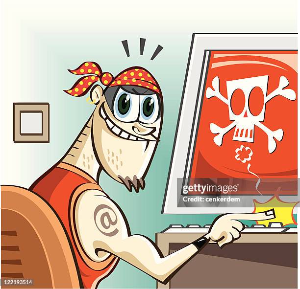 hacker is working - man in office with mask stock illustrations