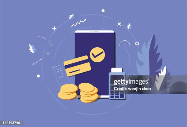 mobile phone and credit card, money, living consumption, mobile consumption - bank cartoon stock illustrations