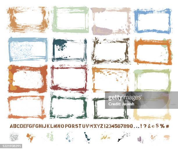 vector hand-painted texture border & paint splash set : artist’s own collection - spray paint font stock illustrations