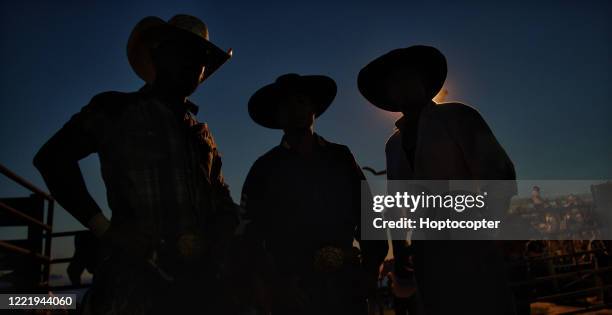 drie mensen in silhouet die cowboyhoeden dragen bij een concurrerend gebeurtenis van de stier het berijden bij nacht - bull riding stockfoto's en -beelden