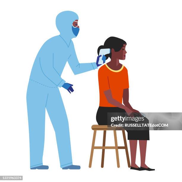 infrared thermometer scan in the ear - arab woman standing stock illustrations