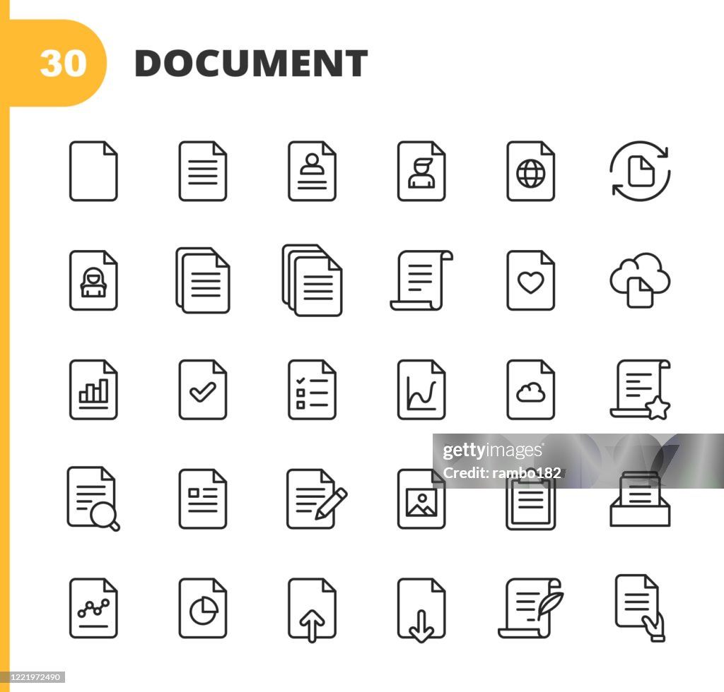 Dokumentzeilensymbole. Bearbeitbarer Strich. Pixel perfekt. Für Mobile und Web. Enthält Symbole wie Dokument, Datei, Kommunikation, Lebenslauf, Dateisuche, Analytics, Musik, Video, Herunterladen, Hochladen, Recht, Bild, Cloud, Schreiben.