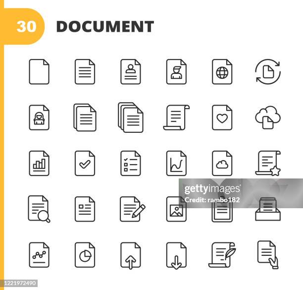 illustrazioni stock, clip art, cartoni animati e icone di tendenza di icone della riga del documento. tratto modificabile. pixel perfetto. per dispositivi mobili e web. contiene icone quali documento, file, comunicazione, curriculum, ricerca file, analisi, musica, video, download, uploading, legge, immagine, cloud, scrittura - documento