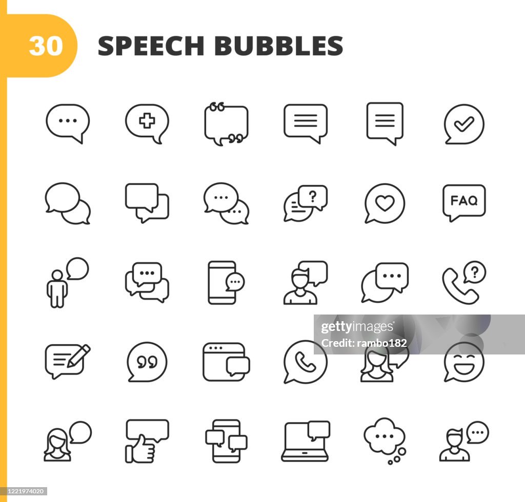 Speech Bubbles and Communication Line Icons. Editable Stroke. Pixel Perfect. For Mobile and Web. Contains such icons as Speech Bubble, Message Bubble, Chat, Online Communication, Smartphone, Video Conference, Feedback, Telephone, Web Browser.