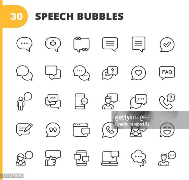 speech bubbles and communication line icons. editable stroke. pixel perfect. for mobile and web. contains such icons as speech bubble, message bubble, chat, online communication, smartphone, video conference, feedback, telephone, web browser. - talking stock illustrations