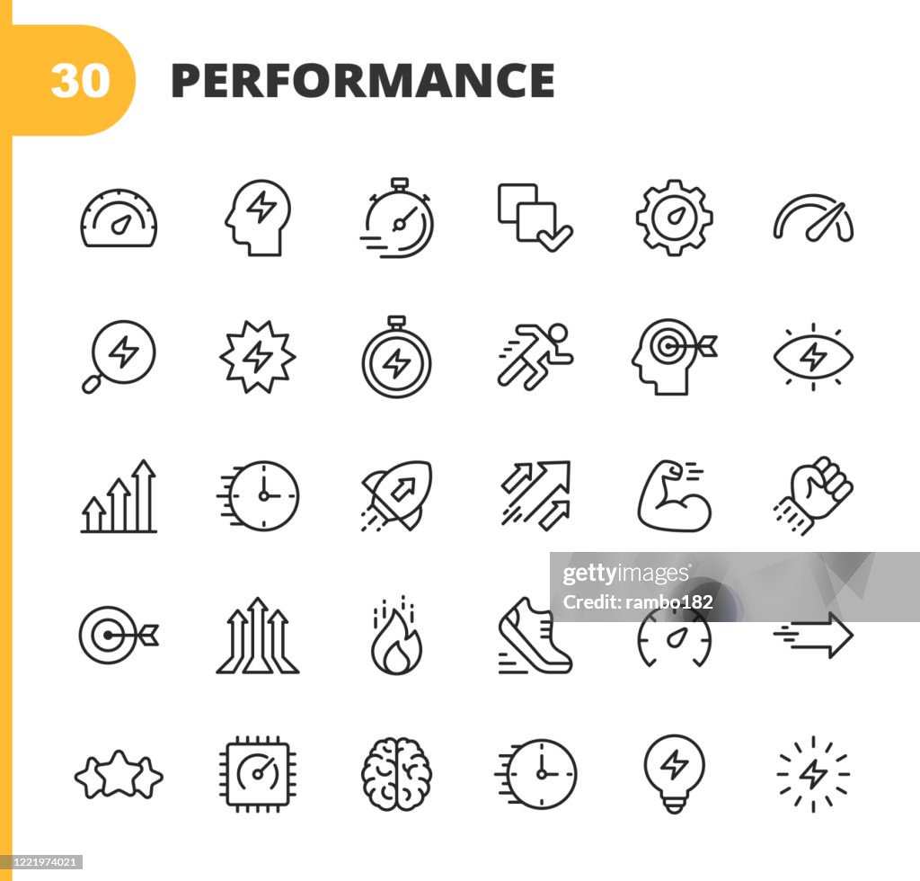 Leistungsliniensymbole. Bearbeitbarer Strich. Pixel perfekt. Für Mobile und Web. Enthält Symbole wie Leistung, Wachstum, Feedback, Laufen, Tachometer, Autorität, Erfolg, Gehirn, Muskel, Rakete, Start Up, Verbesserung, Laufen, Ziel, Geschwindigkeit, Bewe