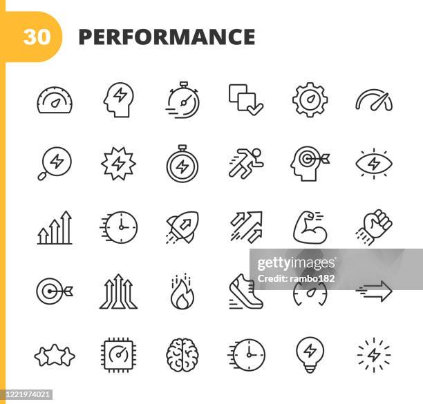 ilustrações de stock, clip art, desenhos animados e ícones de performance line icons. editable stroke. pixel perfect. for mobile and web. contains such icons as performance, growth, feedback, running, speedometer, authority, success, brain, muscle, rocket, start up, improvement, running, target, speed, rating. - data show
