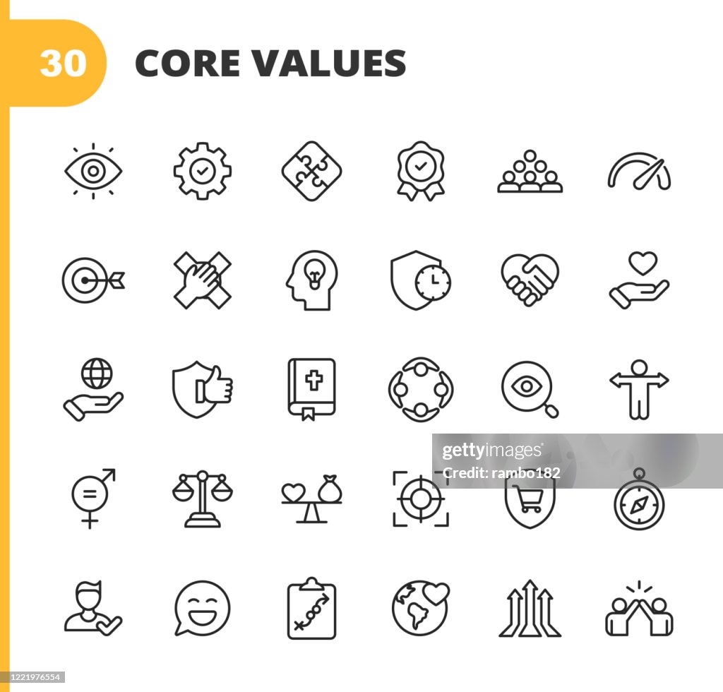 Kernwerte-Symbole. Bearbeitbarer Strich. Pixel perfekt. Für Mobile und Web. Enthält Symbole wie Verantwortung, Vision, Geschäftsethik, Recht, Moral, Soziale Fragen, Teamarbeit, Wachstum, Vertrauen, Qualität, Innovation, Teamwork, Zuverlässigkeit, Näc